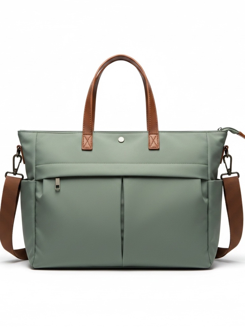 EVERYDAY TOTE Sage Green Nylon Bag Brown Handles